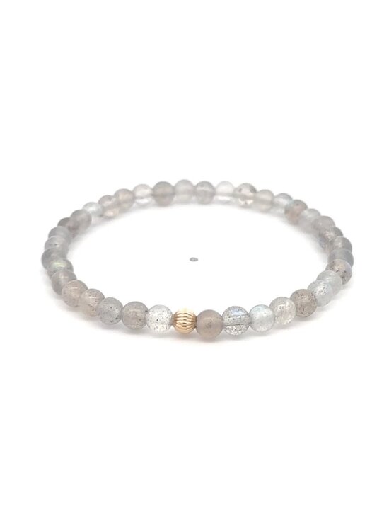 Rafant Jewelry - 14K Gold Corrugated Accent Bead Natural Labradorite Gemstone Stretch Bracelet